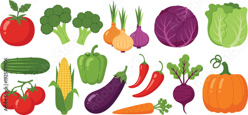 Fresh Garden Vegetables Vector Collection Including Tomato, Broccoli, Onion, Eggplant, Carrot, and Pumpkin for Healthy Eating Blogs, Grocery Market Branding, and Organic Food Menus