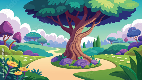 A vibrant illustration depicts a winding path through a whimsical landscape with colorful trees high quality