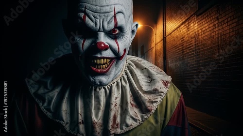 Sinister clown with red eyes lurks in a dark alley with wet pavement at night