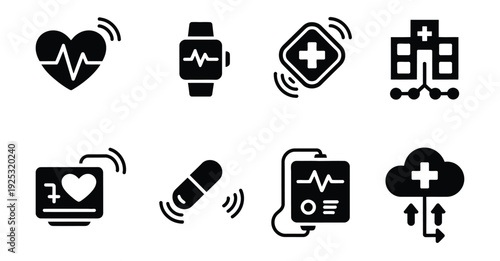 Healthcare IoT Icons, Healthcare IoT Filled Icon Set, Heart Monitor, Smart Watch, Medical Device, Connected Health Technology, Vector Illustration.
