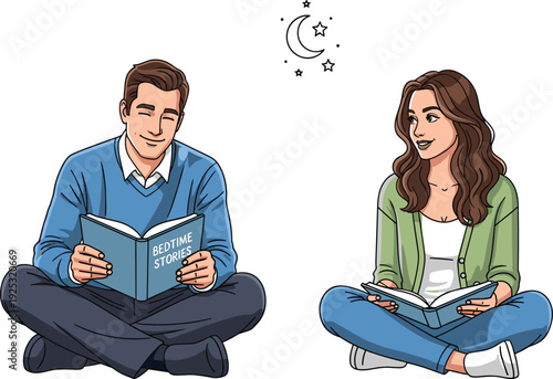 Couple reading bedtime stories together, relaxing evening routine, cozy storytelling moment, sitting on floor, moonlight theme, peaceful bonding time