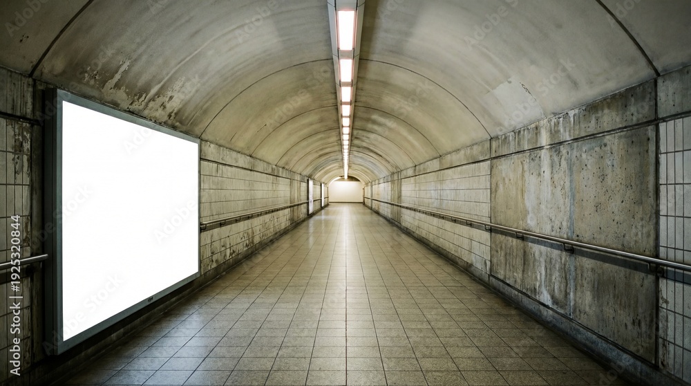 Obraz premium Abandoned subway tunnel with empty advertisement board and dim lighting