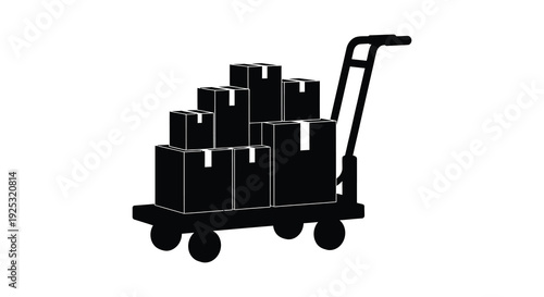 A black silhouette depicts stacked cardboard boxes secured on a hand truck or dolly silhouette high quality professional