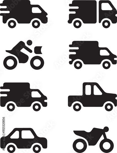 A collection of eight different types of black silhouette vehicles and motorcycles Vector