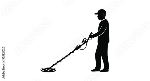 A man using a metal detector in a side profile depicted as a striking black shape silhouette