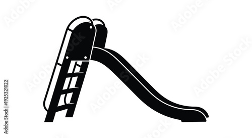 A stark black silhouette of a playground slide is prominently displayed against a plain white background silhouette