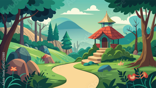 A vibrant cartoon style illustration depicts a small red roofed gazebo nestled in a lush green landscape