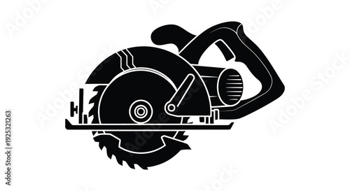 A striking black silhouette depicts a circular saw highlighting its mechanical form and detailed construction silhouette high quality