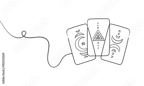 3 Tarot cards, continious line drawing. Magic, esotericism, occultism line art. Vector illustration