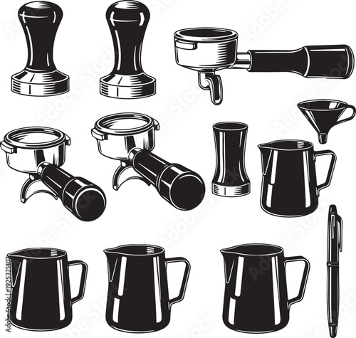 Espresso coffee machine parts and accessories set isolated vector illustration flat design black and silver
