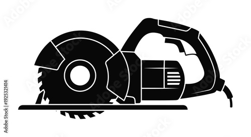 A detailed black silhouette of a circular power saw resting on a wooden plank showcasing tool design silhouette
