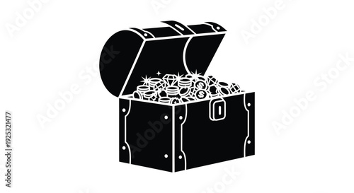 An open treasure chest overflowing with gold coins and jewels depicted in a striking black silhouette high quality