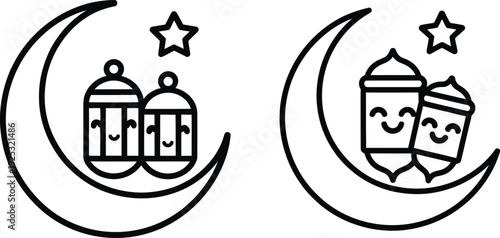 Crescent moon with smiling lanterns and stars