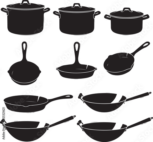 Set of black cooking pots and pans with lids and handles flat design vector illustration isolated on white background