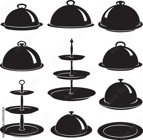 Set of nine black and white bellhop bells in various positions flat design vector illustration scalable graphic