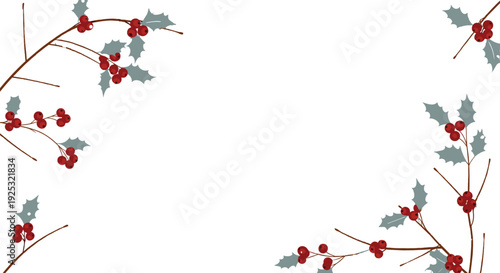 Hand drawn winter holly berry branches set with red berries and green leaves in flat vector style for Christmas design.