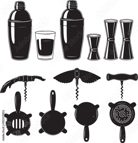Cocktail bar tools and shaker set with wine and jigger vector illustration flat design