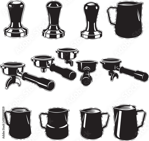 Set of coffee and bar accessories vector illustration, black and silver kitchen tools flat design scalable graphic