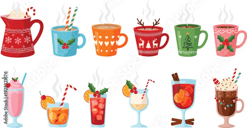 Vector Illustration Set of Cozy Winter Drinks Featuring Hot Chocolate, Mulled Wine, and Festive Holiday Mugs with Christmas Decorations