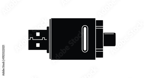 A stark black silhouette of a usb flash drive showcasing its rectangular shape and port details silhouette