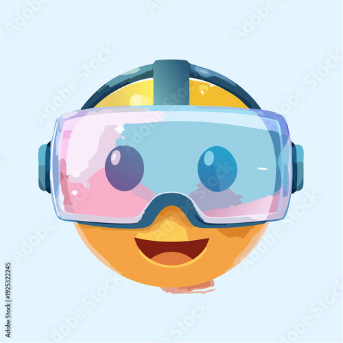 Smiling yellow emoji face wearing virtual reality goggles with a joyful expression.