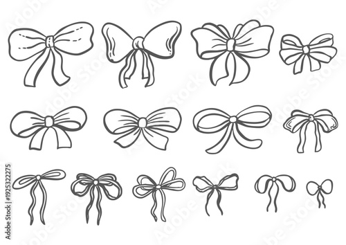 Set of whimsical bows from ribbon vector graphic illustration. Isolated doodles of vintage textile decoration for coquettecore designs. Hand drawn silk tied streamers for card, wedding, Valentines.