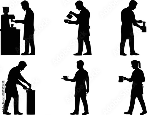 Barista silhouette collection action poses coffee set