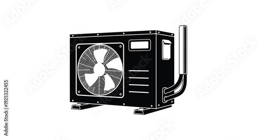 A detailed illustration of a black air conditioning unit with prominent cooling fan depicted as a silhouette