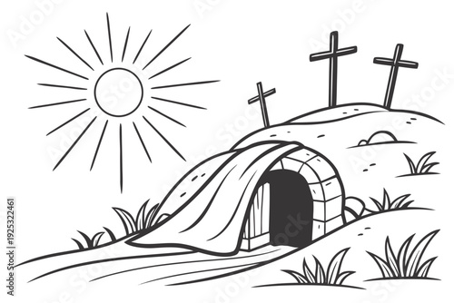 The empty tomb of jesus christ, with the stone rolled away and the sun shining brightly.