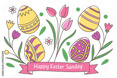 A delightful hand-drawn illustration celebrating easter sunday with decorated eggs and tulips