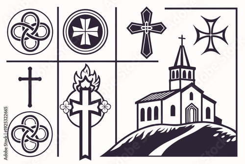Collection of religious symbols and a church on a hill, representing faith and spirituality