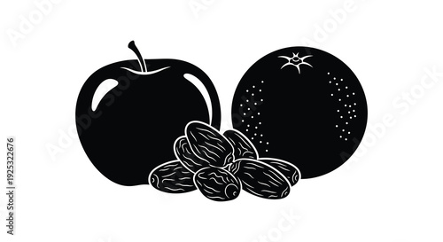 A striking black and white illustration showcasing an apple orange and dates in a bold silhouette high quality professional detailed
