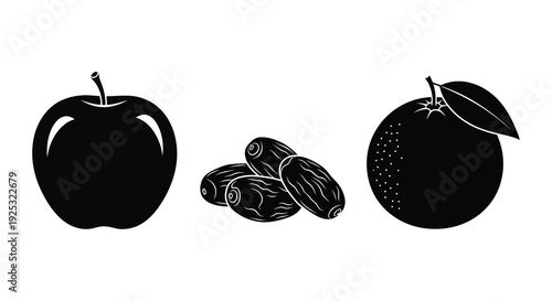 A striking black and white illustration depicts an apple dates and orange in a bold silhouette high quality