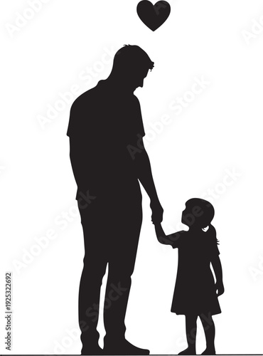 A heartwarming silhouette of an adult and child holding hands together under a heart shape.