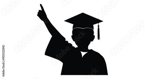 A graduating student raises a finger in celebration wearing a cap and gown a striking silhouette high quality