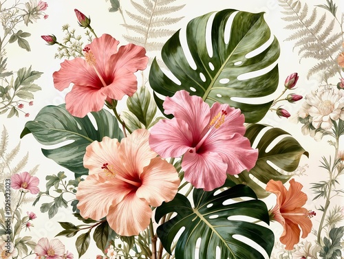 Vintage Botanical Illustration with Hibiscus Flowers and Monstera Leaves