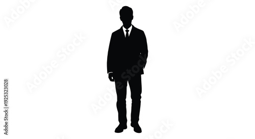 A stark black silhouette of a man in a suit and tie standing formally presenting a refined visual statement silhouette