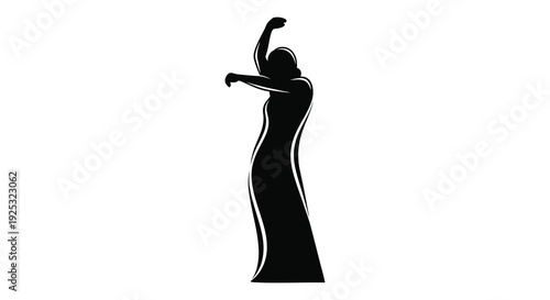 A striking black silhouette depicts a woman with arms raised in a dynamic celebratory pose silhouette high quality