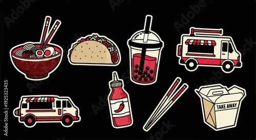 Street Food Icon Set with Ramen Bowl, Taco and Bubble Tea – Bold Simple Modern Vector Collection