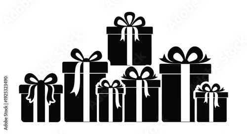 A collection of black gift boxes varying in size are stacked artfully against a white background silhouette