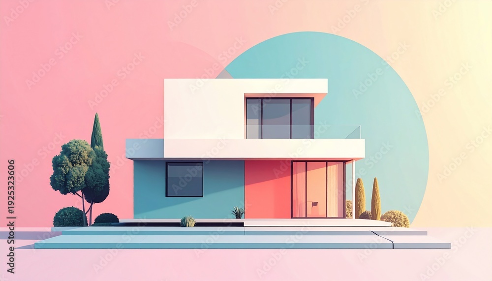 Obraz premium Modern Minimalist House Illustration - A Contemporary Architectural Design with Vibrant Colors.