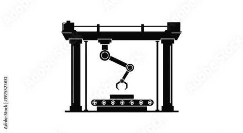 A detailed illustration of an industrial robotic arm within a gantry system presented as a silhouette high quality