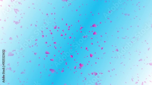 Pink heart shapes being lit up and falling down on light blue gradient background. Abstract background for Happy Valentine's day and wedding ceremony.