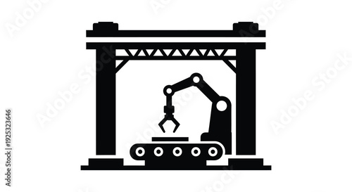 A stark black silhouette depicts an industrial robotic arm working on a conveyor belt system silhouette high quality