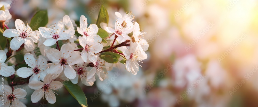 Fototapeta premium White Blossom Tree Branch with Sunlit Background in Soft Focus
