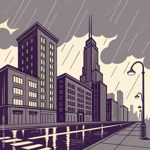 A city street on a rainy day with tall buildings