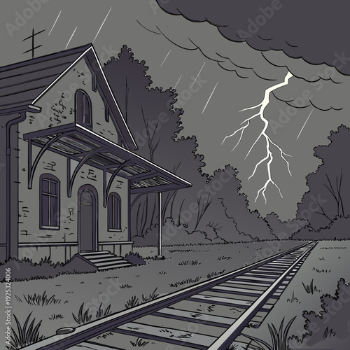 Abandoned train station on a stormy night