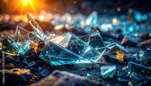 FlyPro Firefly's abstract depiction of shattered glass shards scattered across a rough, unpolished stone surface, catching faint diffused light.