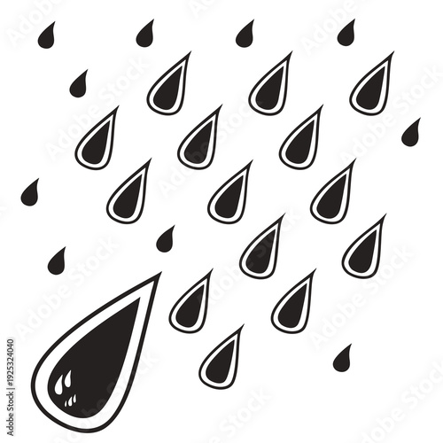 A black and white image of rain drops falling