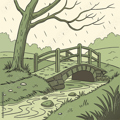 A small stone bridge over a stream on a rainy day